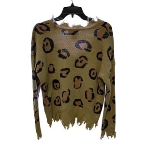 Runway‎ 7 Distressed Leopard Print v Sweater Tan Black XL Animal Print Grunge